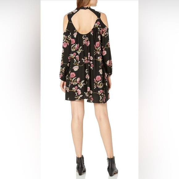 ANGIE Black with pink Floral Cold Shoulder Dress Open Back Bohemian Fall - Picture 3 of 15